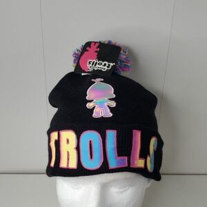 Troll Beanie Knit Hat Skullcap w/ Pom Pom Black Multi-Color NEW Trolls Winter
